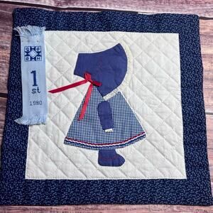 Handmade‎ Sun Bonnet Sue Quilt Square Blue Ribbon 1980
